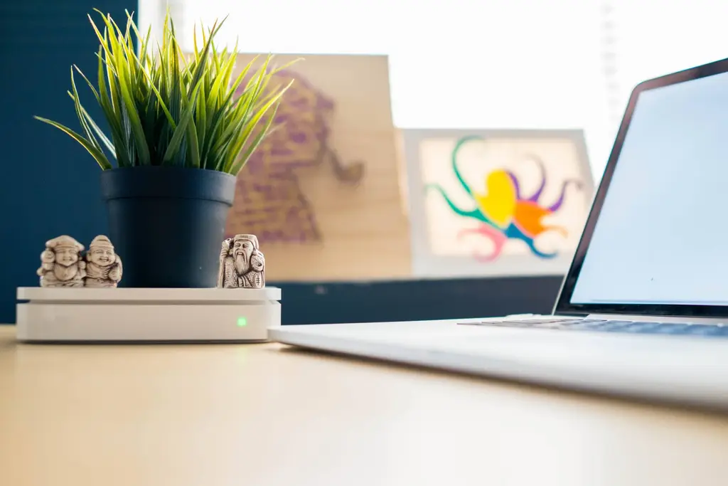 Office desk with plant and laptop in a safely completed industrial unit fit out