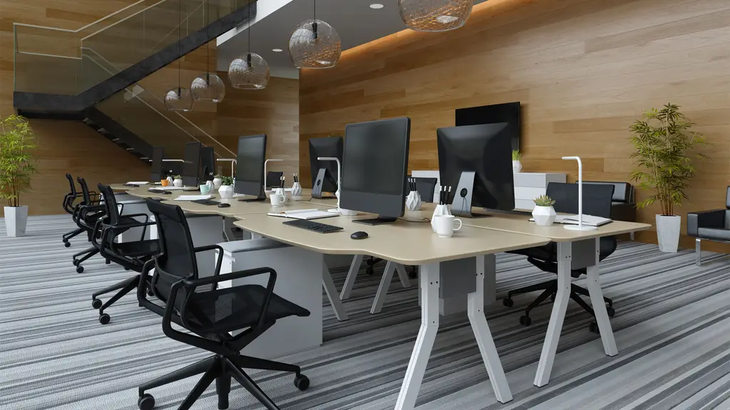 Open plan office with wooden desks, office refurbishment by The Commercial Interior Company Ltd